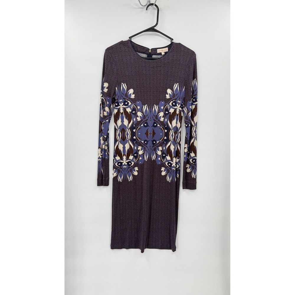 Tory Burch M Midi Sheath Dress Womens Purple Blue Medallion Floral Long Sleeve